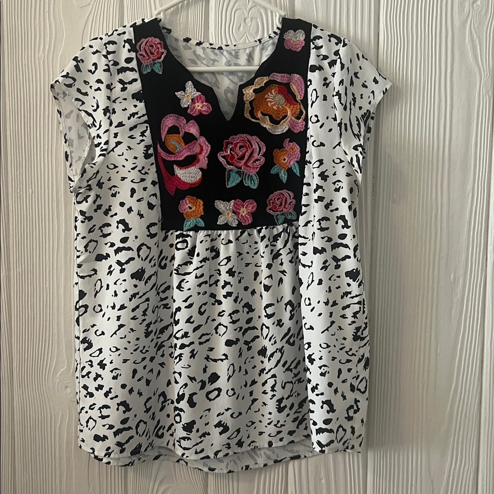 Floral Embroidered Leopard Print Top